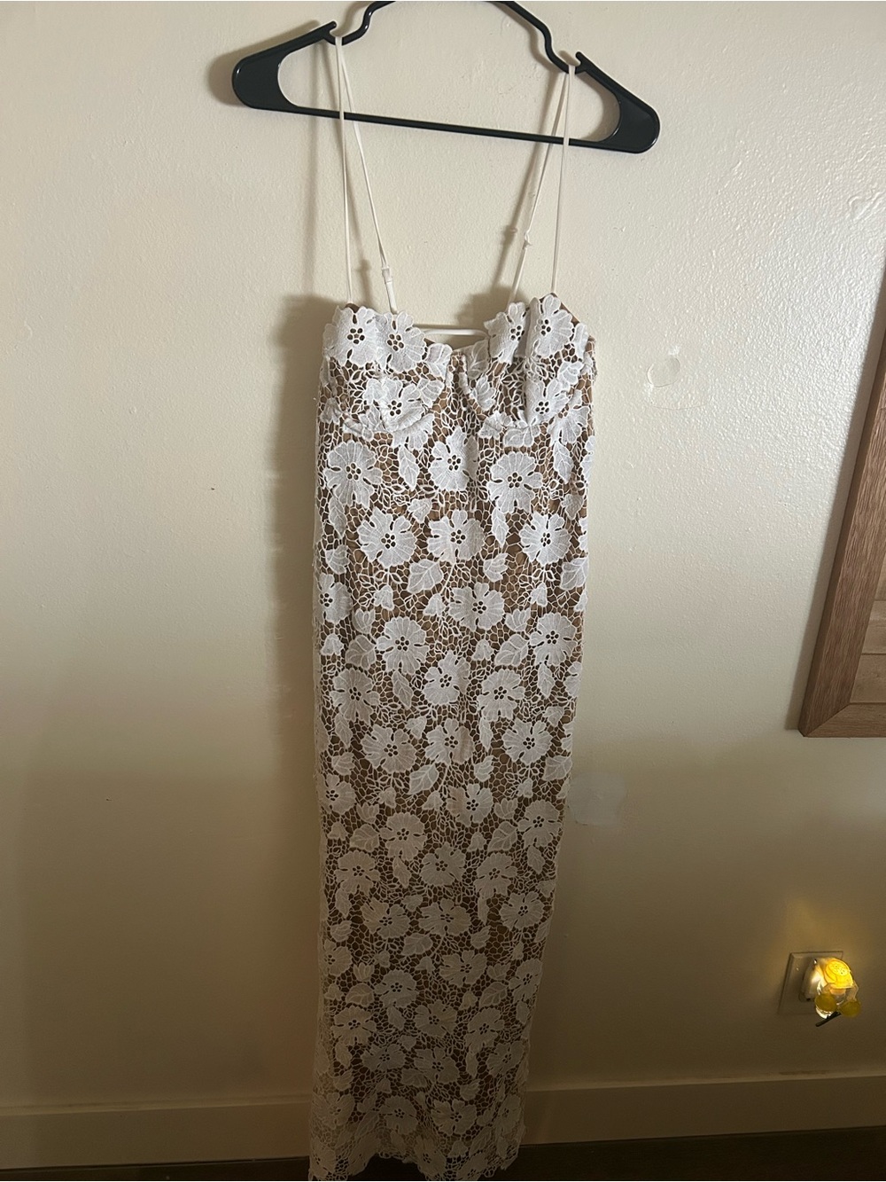 Hello Molly White Floral Lace Maxi Dress with Beige Underlay
